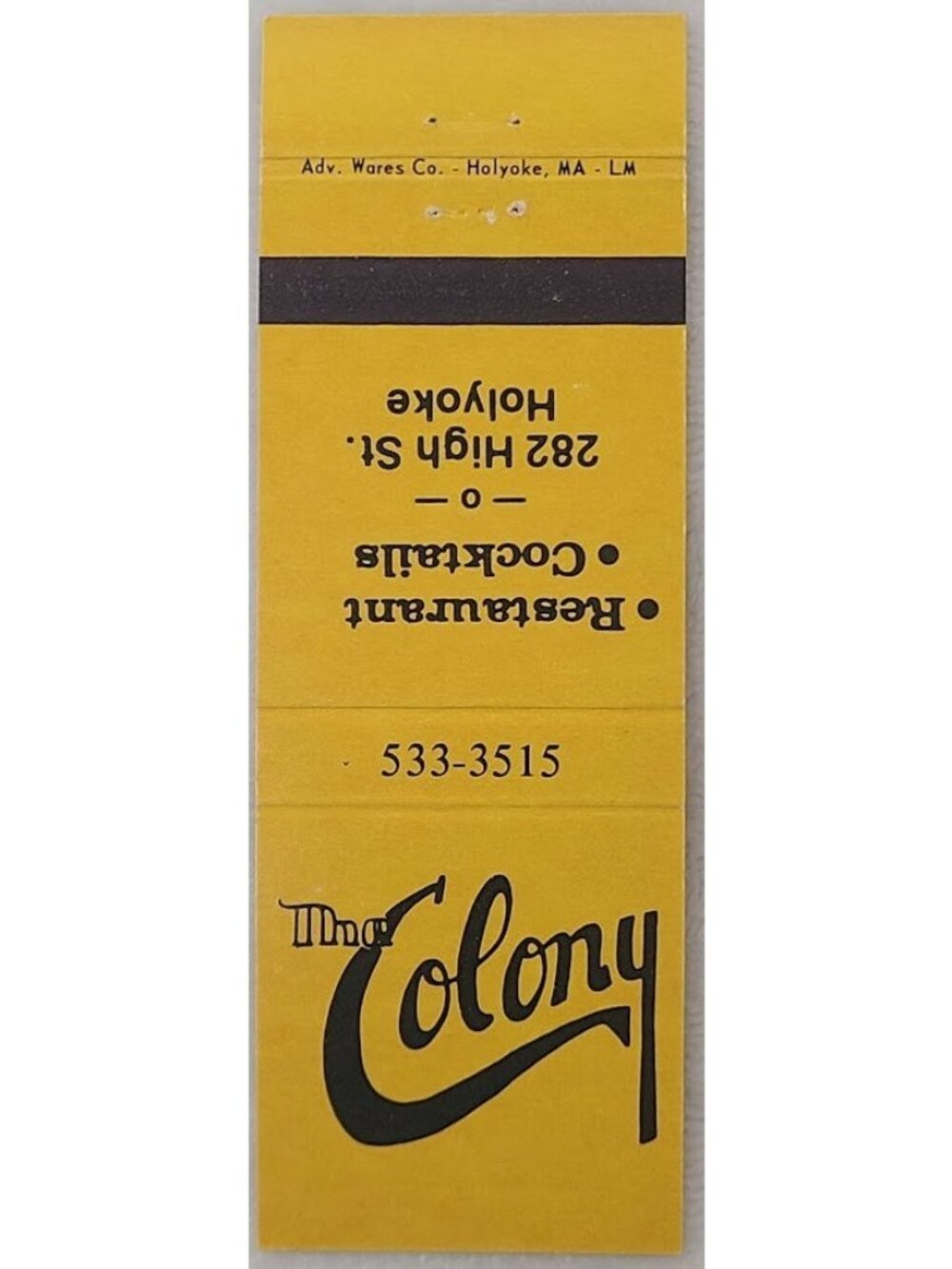 Vintage Matchbook Cover Colony Room Restaurant Cocktails Holyoke MA